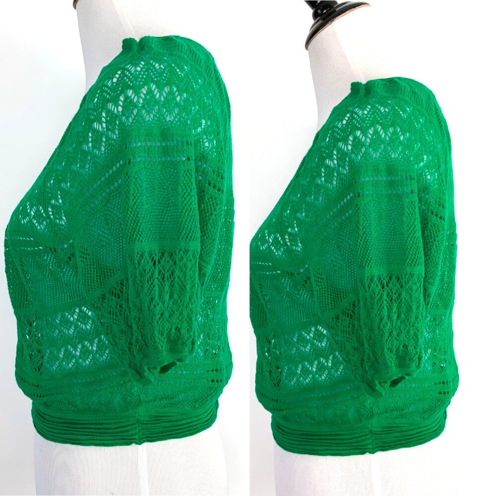 Free People Green Open Knit Short Sleeve Crop Top V-Neck Sz L - Picture 12 of 16